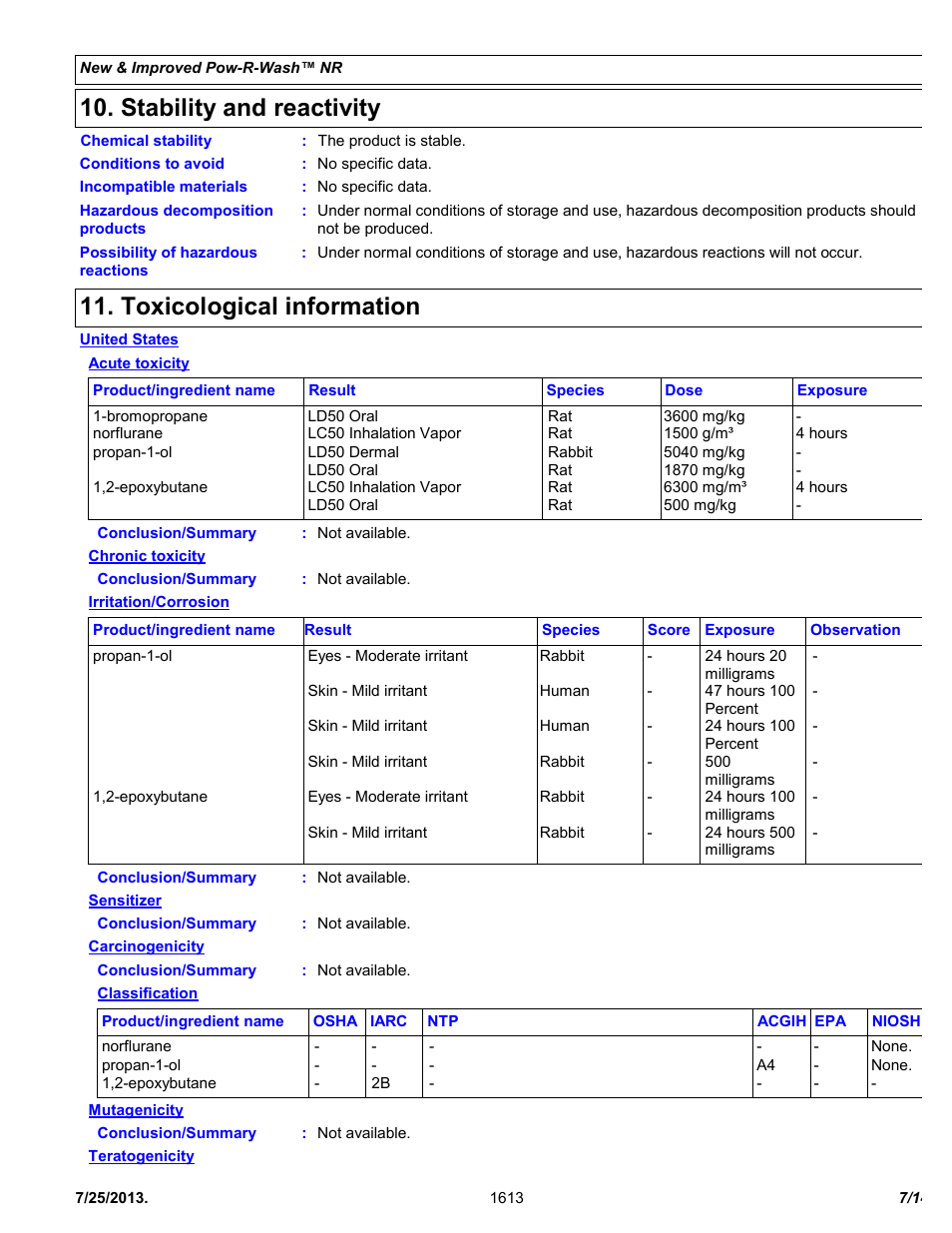 Stability and reactivity, Toxicological information | Chemtronics Pow-R-Wash NR ES1613 User Manual | Page 7 / 14