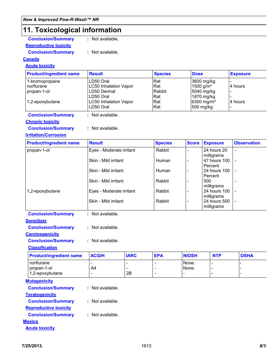 Toxicological information | Chemtronics Pow-R-Wash NR ES1613 User Manual | Page 8 / 14