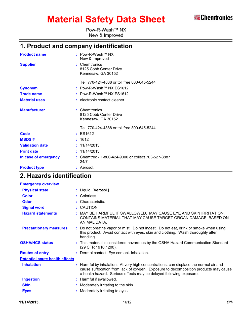 Chemtronics Pow-R-Wash NX ES1612 User Manual | 10 pages