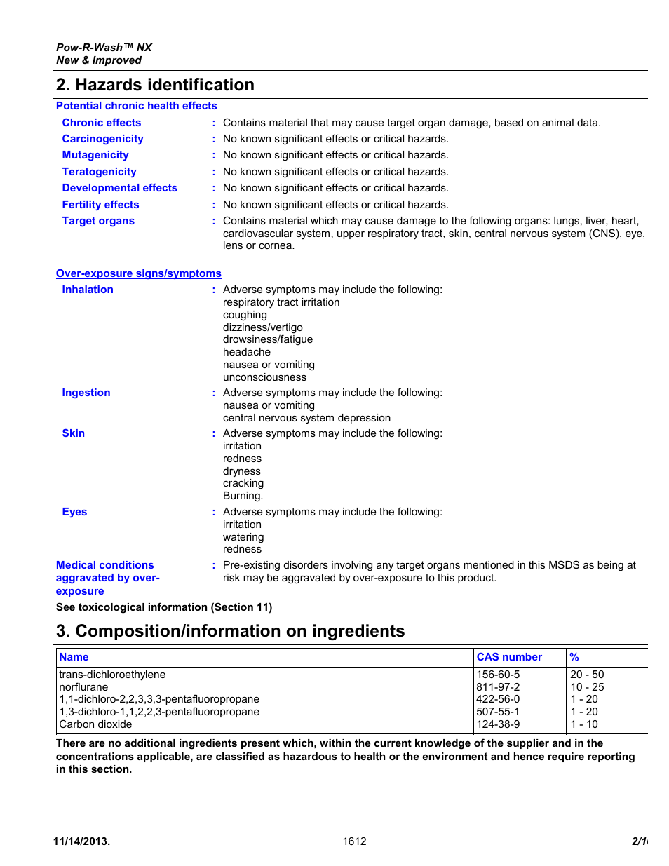 Hazards identification, Composition/information on ingredients | Chemtronics Pow-R-Wash NX ES1612 User Manual | Page 2 / 10