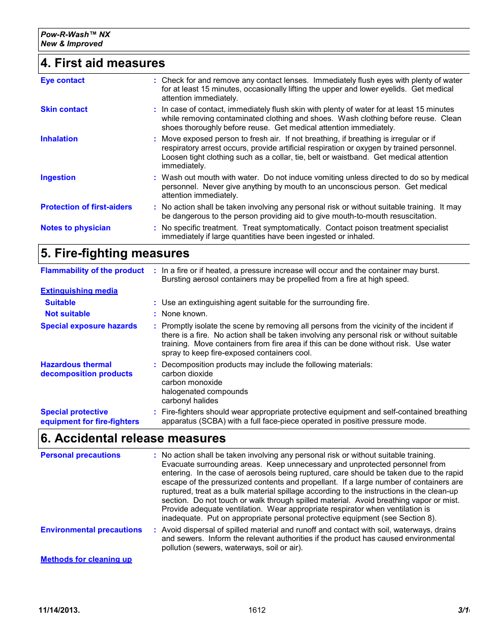 First aid measures, Fire-fighting measures, Accidental release measures | Chemtronics Pow-R-Wash NX ES1612 User Manual | Page 3 / 10