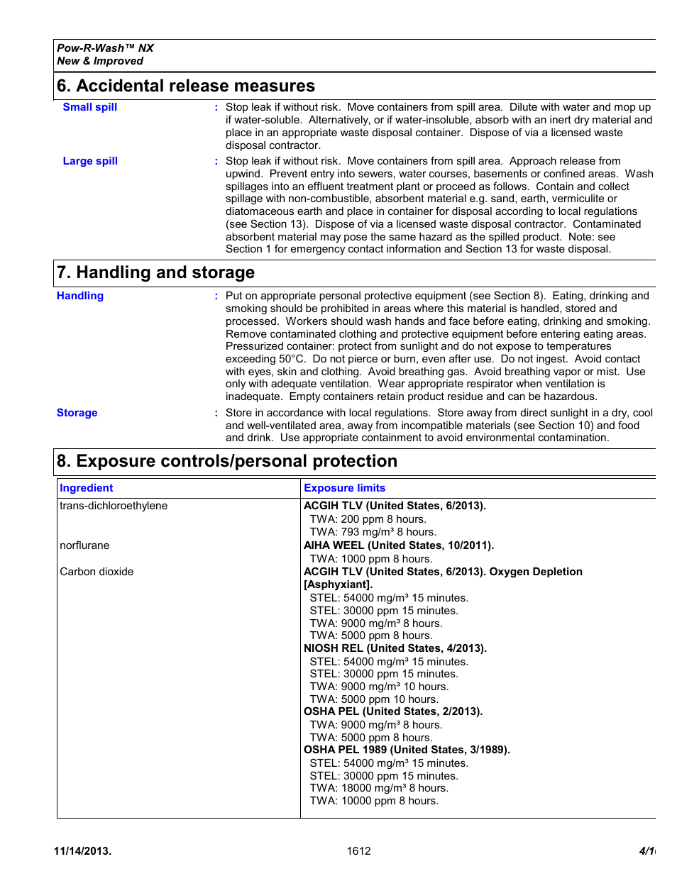 Accidental release measures, Handling and storage, Exposure controls/personal protection | Chemtronics Pow-R-Wash NX ES1612 User Manual | Page 4 / 10