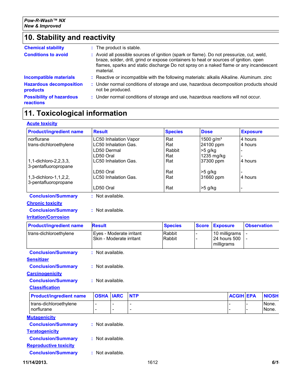 Stability and reactivity, Toxicological information | Chemtronics Pow-R-Wash NX ES1612 User Manual | Page 6 / 10