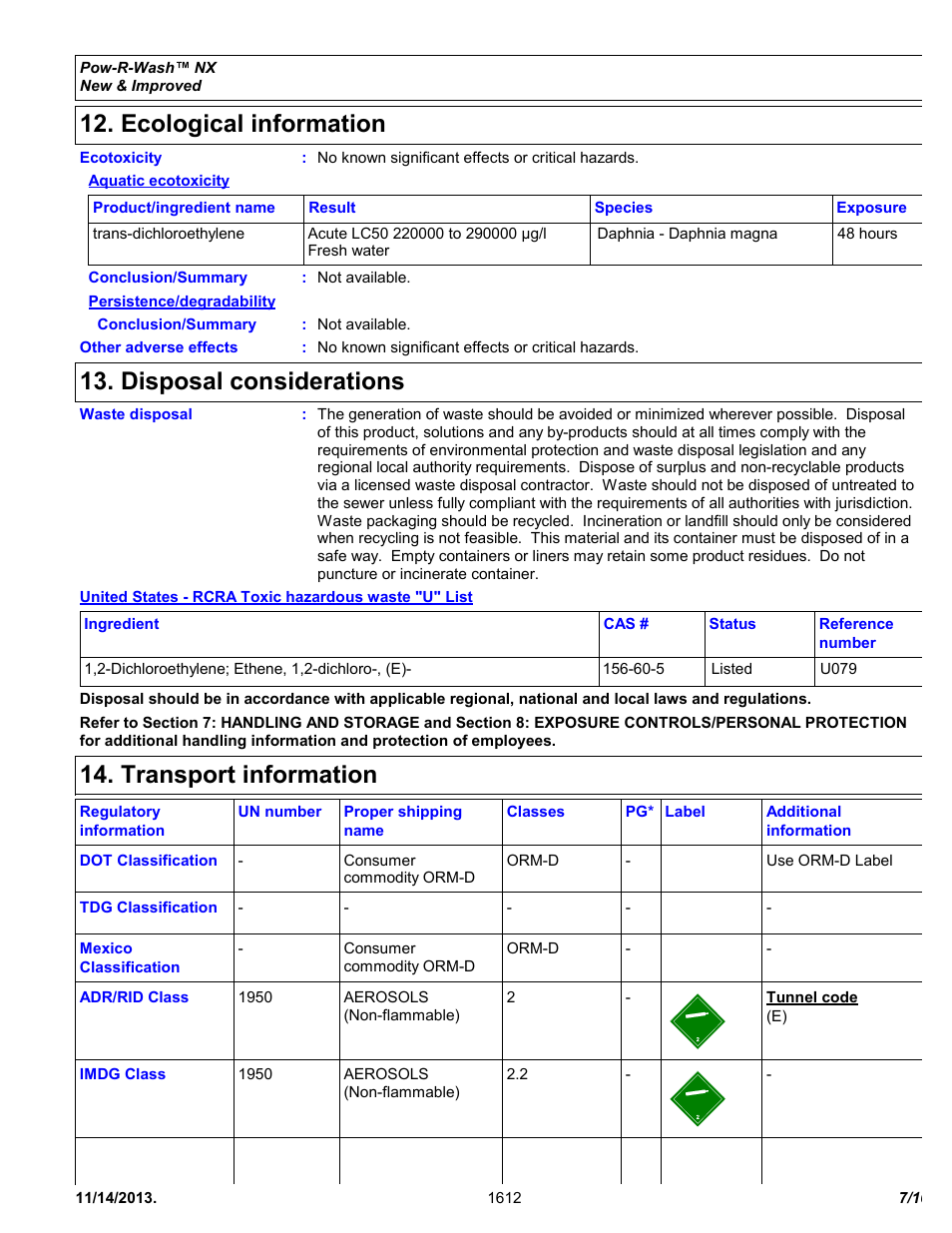 Ecological information, Disposal considerations, Transport information | Chemtronics Pow-R-Wash NX ES1612 User Manual | Page 7 / 10