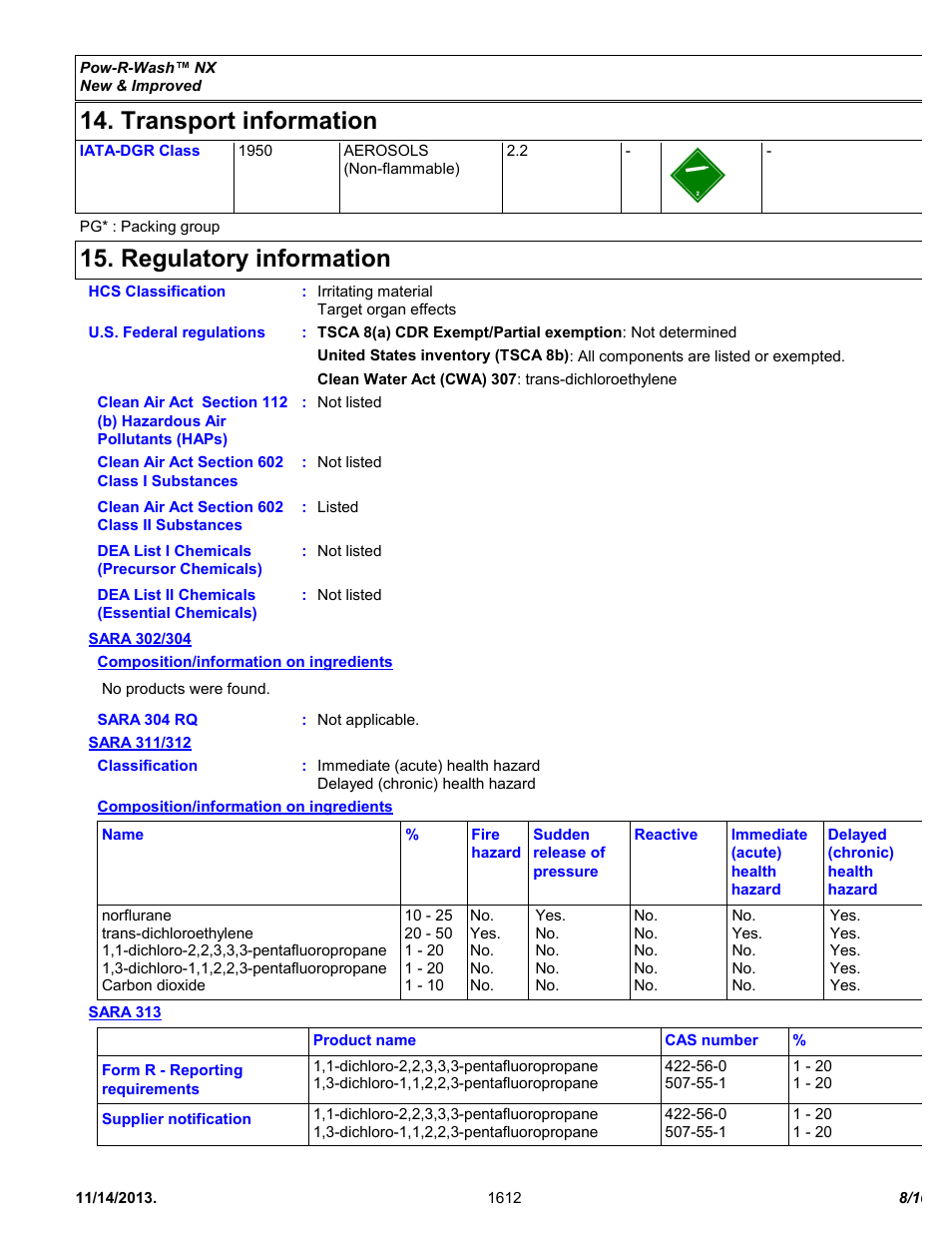 Transport information, Regulatory information | Chemtronics Pow-R-Wash NX ES1612 User Manual | Page 8 / 10