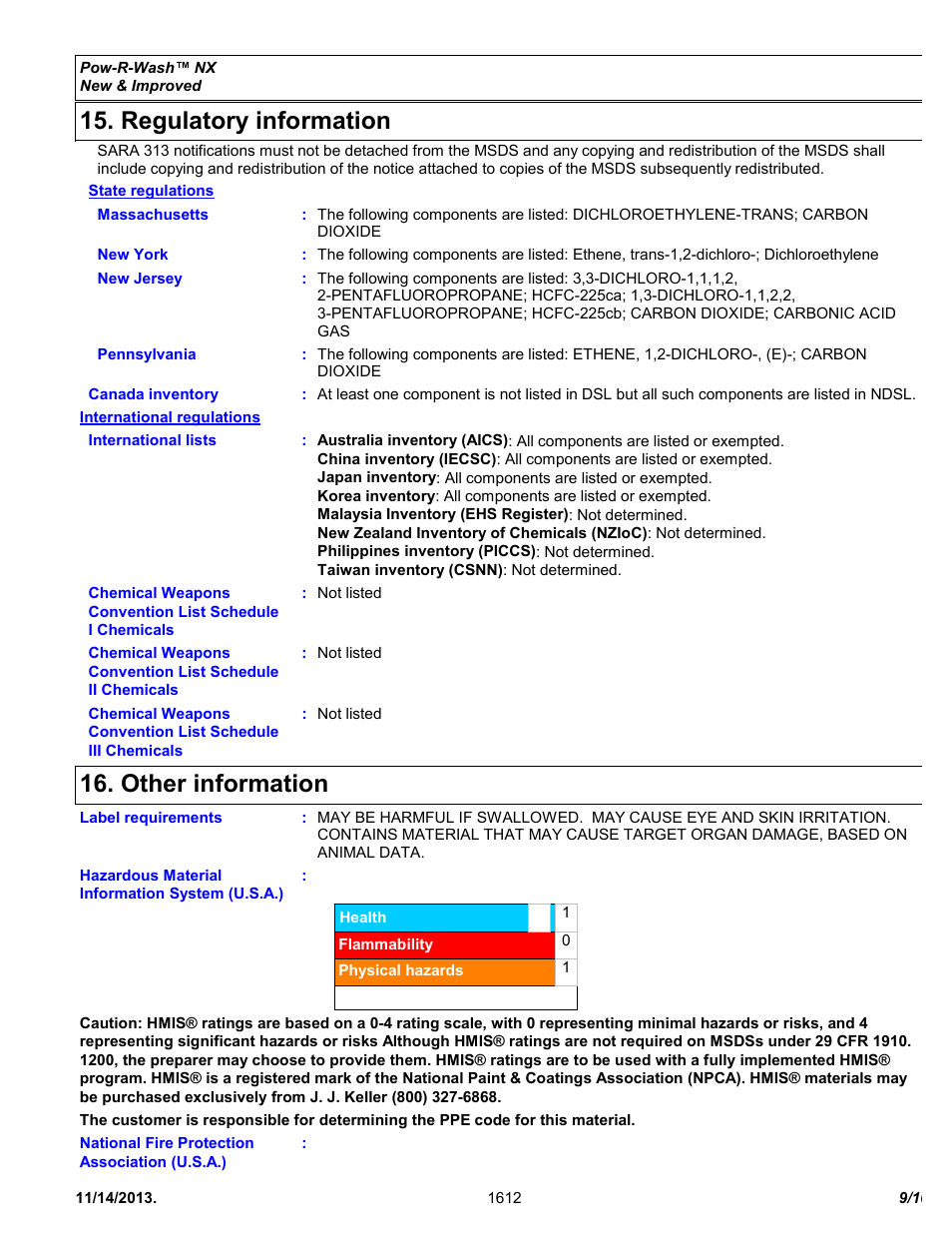 Regulatory information, Other information | Chemtronics Pow-R-Wash NX ES1612 User Manual | Page 9 / 10