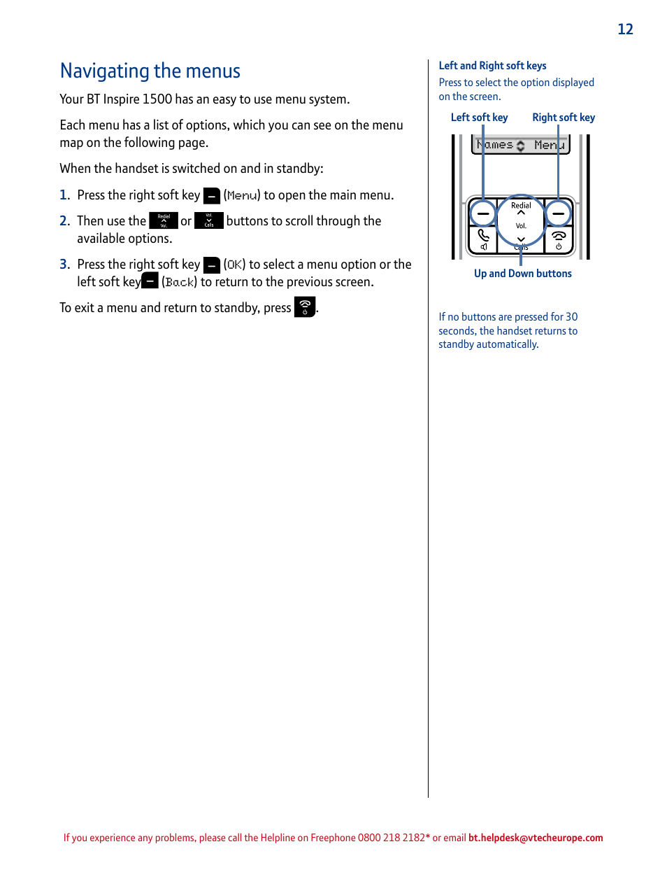 Navigating the menus, Handset 1 | BT INSPIRE 1500 User Manual | Page 12 / 60