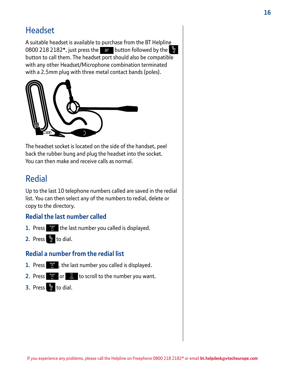 Headset, Redial | BT INSPIRE 1500 User Manual | Page 16 / 60