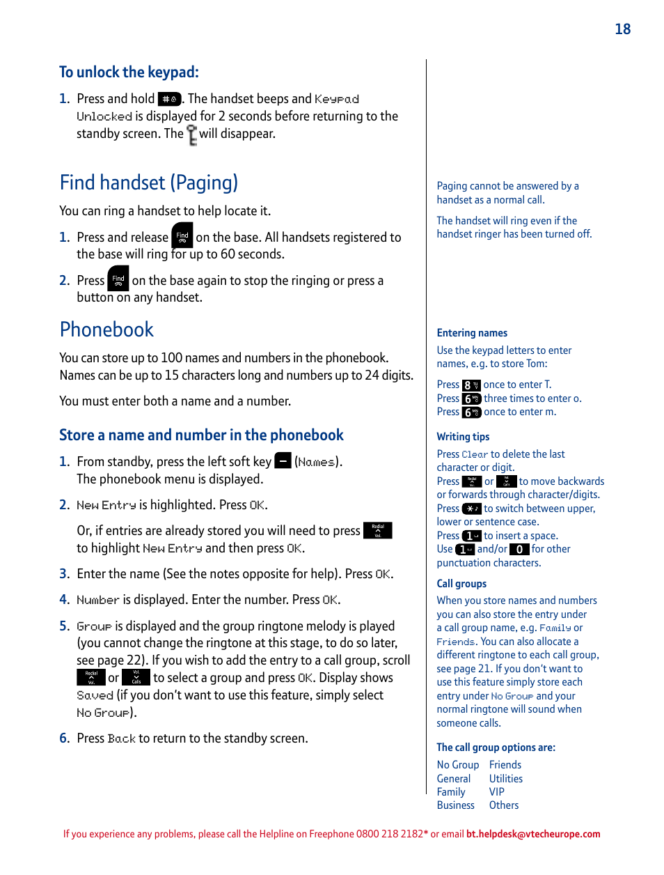 Find handset (paging), Phonebook, Store a name and number in the phonebook | BT INSPIRE 1500 User Manual | Page 18 / 60