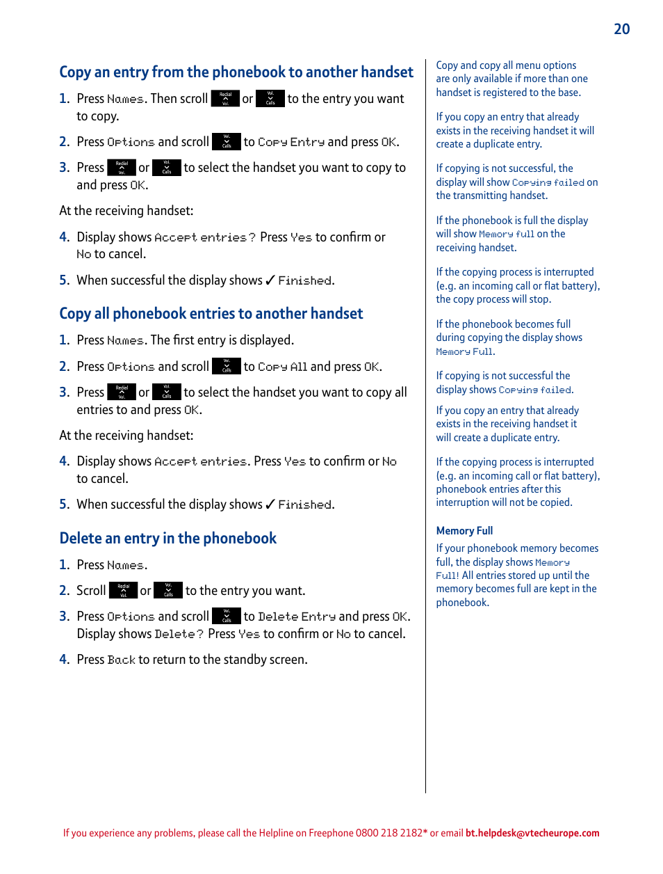 Copy all phonebook entries to another handset, Delete an entry in the phonebook | BT INSPIRE 1500 User Manual | Page 20 / 60