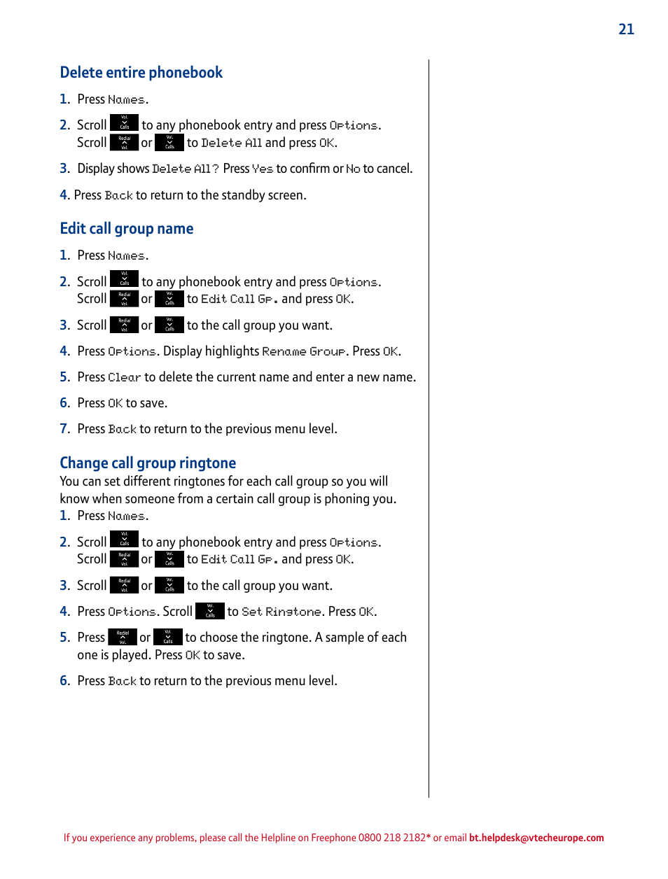 Delete entire phonebook, Edit call group name, Change call group ringtone | BT INSPIRE 1500 User Manual | Page 21 / 60