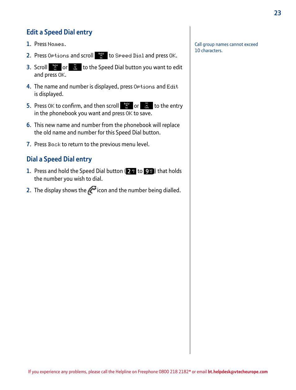 Edit a speed dial entry, Dial a speed dial entry | BT INSPIRE 1500 User Manual | Page 23 / 60
