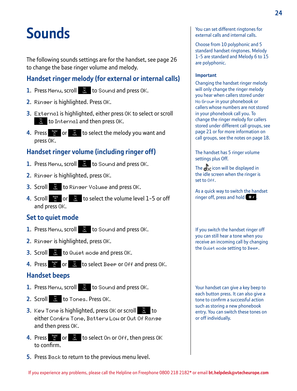 Sounds, Handset ringer volume (including ringer off), Set to quiet mode | Handset beeps | BT INSPIRE 1500 User Manual | Page 24 / 60