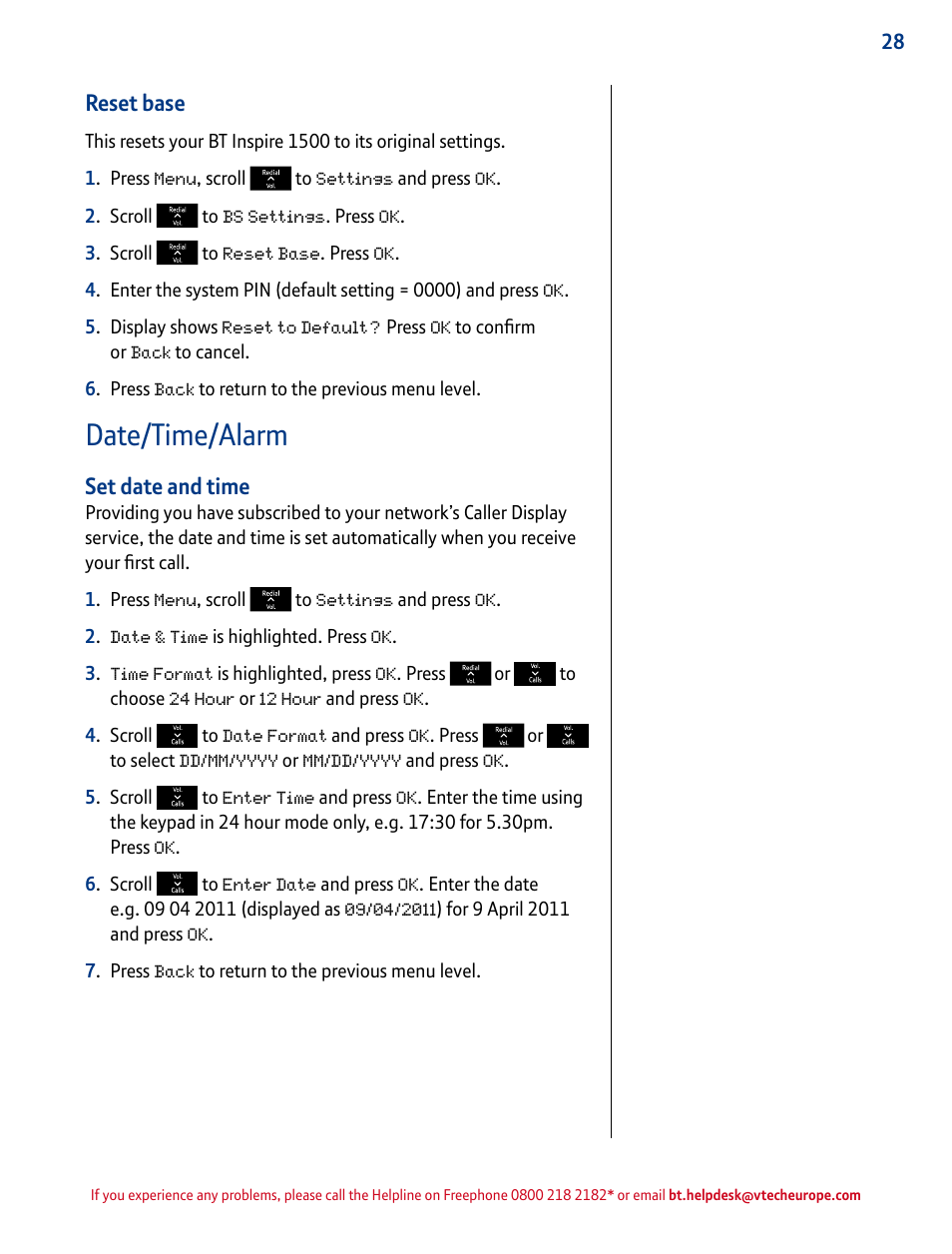 Date/time/alarm, Reset base, Set date and time | BT INSPIRE 1500 User Manual | Page 28 / 60