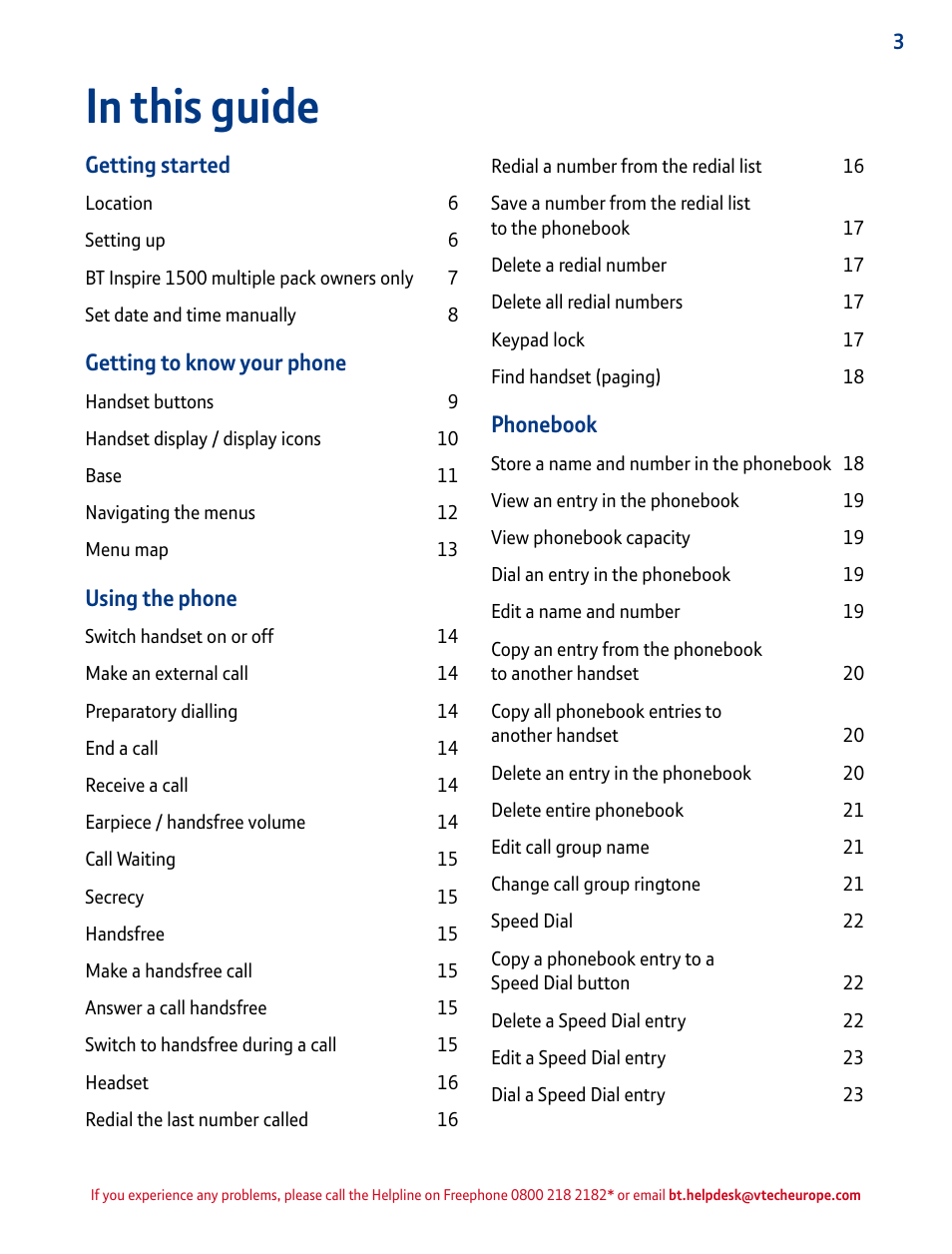 Getting started, Getting to know your phone, Using the phone | Phonebook | BT INSPIRE 1500 User Manual | Page 3 / 60