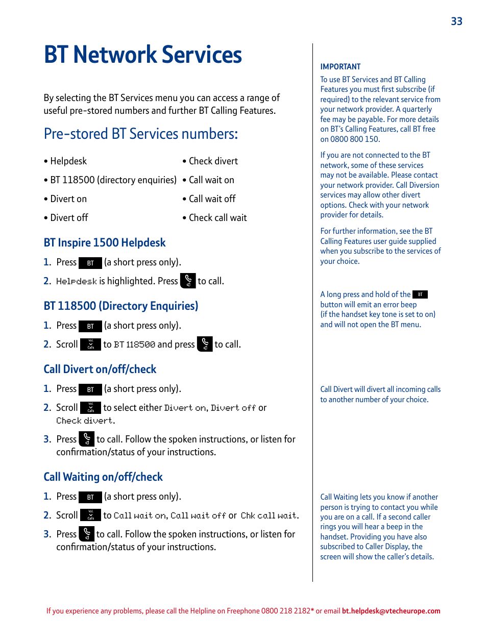 Bt network services, Pre-stored bt services numbers, Bt inspire 1500 helpdesk | Call divert on/off/check, Call waiting on/off/check | BT INSPIRE 1500 User Manual | Page 33 / 60