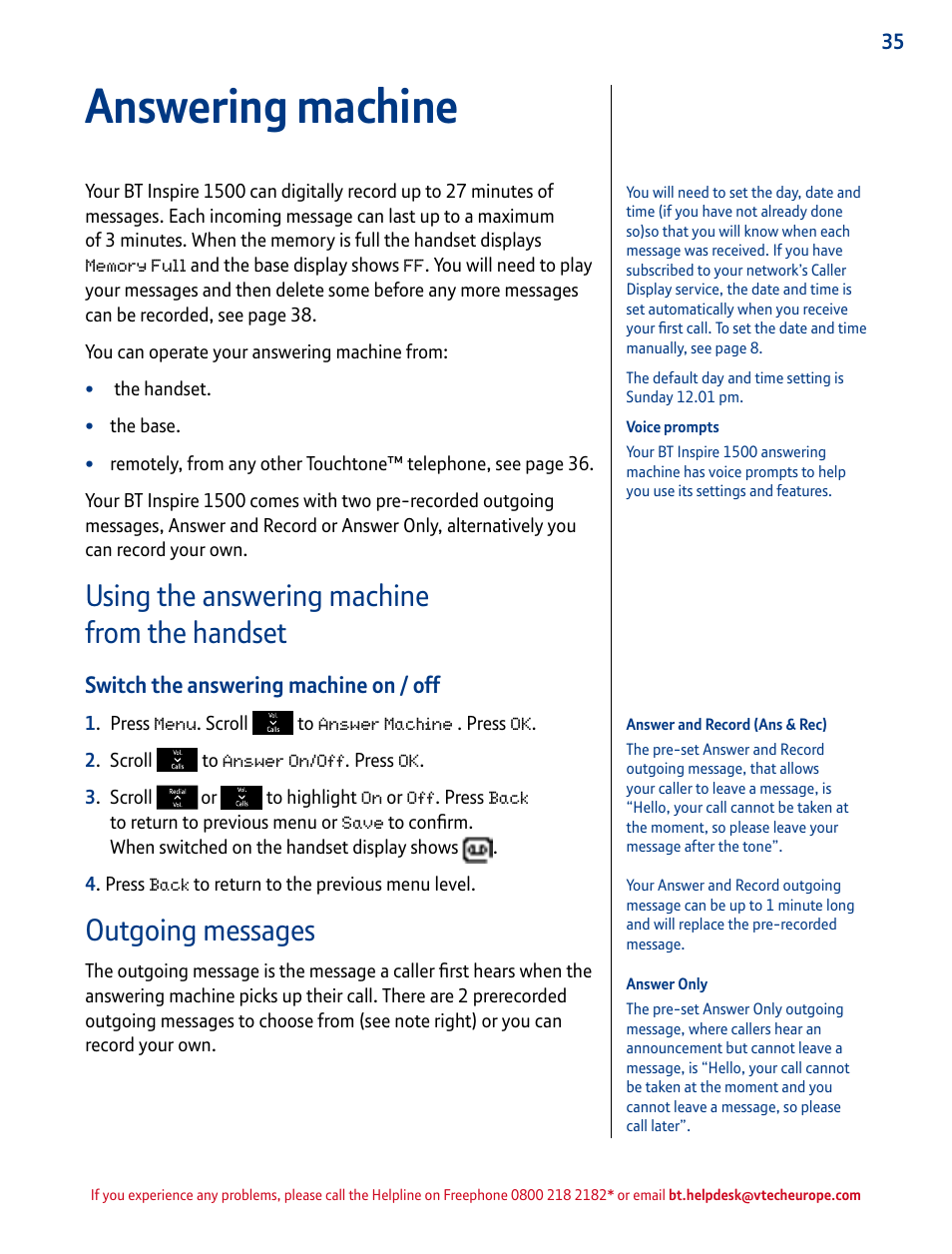 Answering machine, Using the answering machine from the handset, Outgoing messages | Switch the answering machine on / off | BT INSPIRE 1500 User Manual | Page 35 / 60