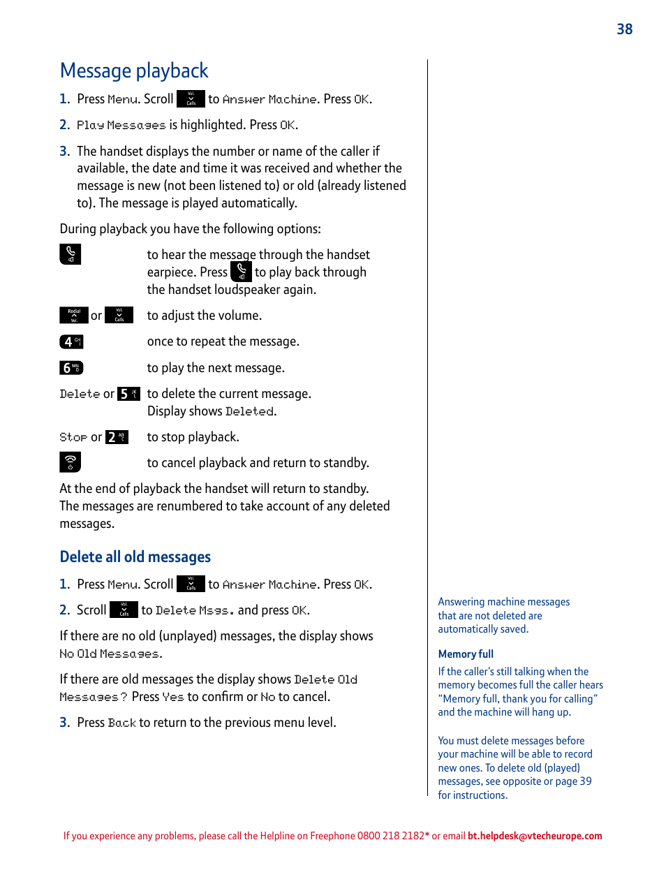 Message playback, Delete all old messages | BT INSPIRE 1500 User Manual | Page 38 / 60