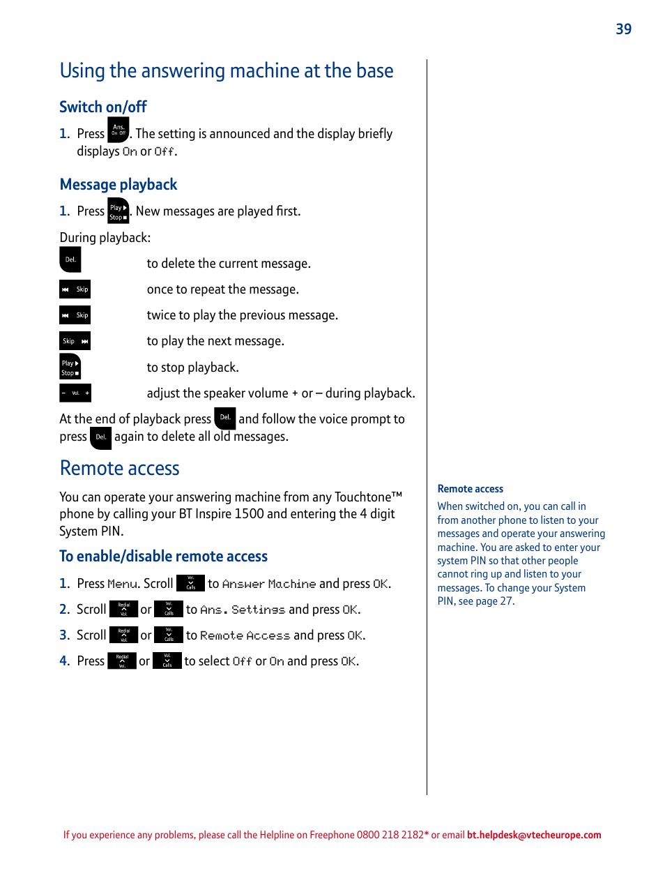 Using the answering machine at the base, Remote access, Switch on/off | Message playback | BT INSPIRE 1500 User Manual | Page 39 / 60