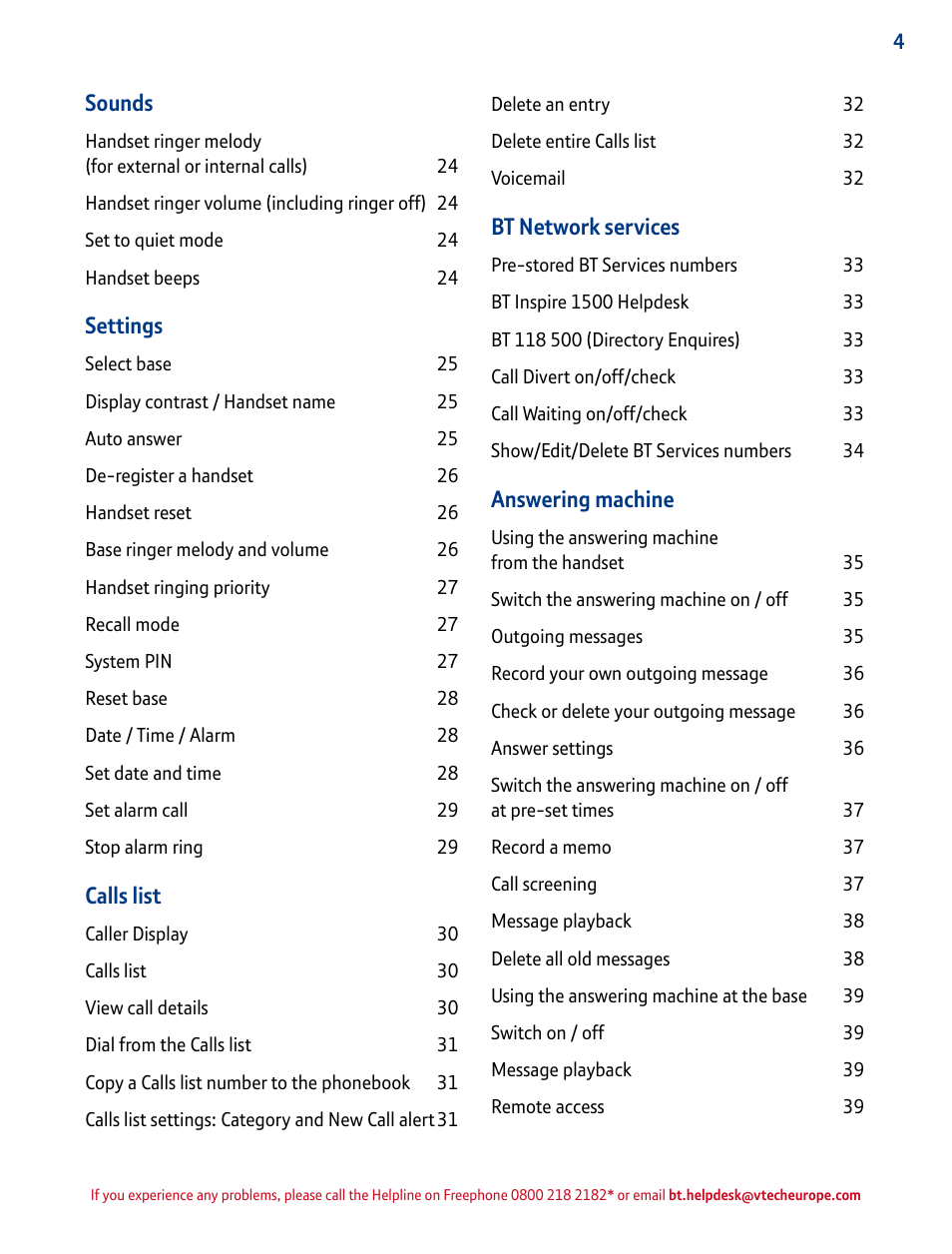 Sounds, Settings, Calls list | Bt network services, Answering machine | BT INSPIRE 1500 User Manual | Page 4 / 60