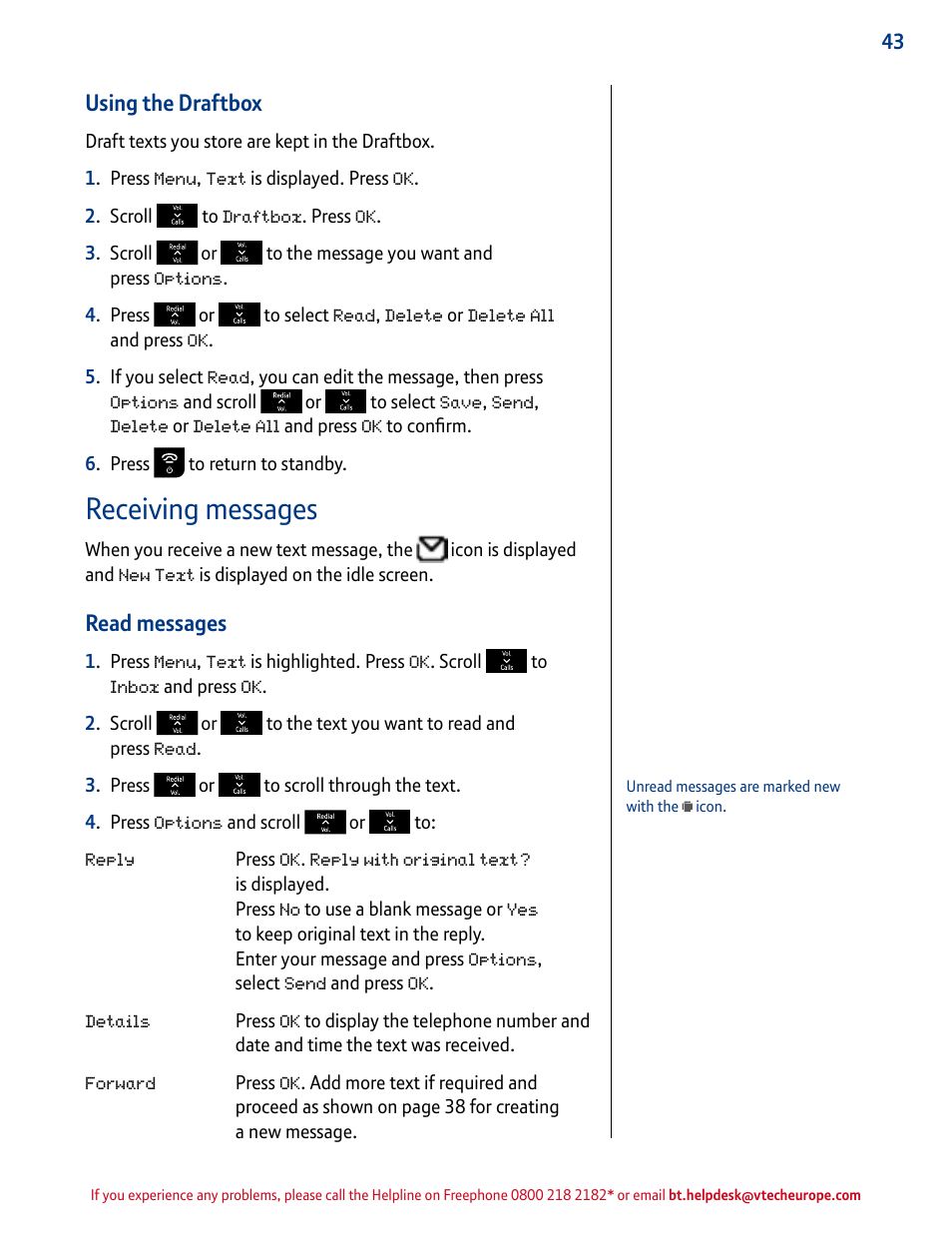 Receiving messages, Using the draftbox, Read messages | BT INSPIRE 1500 User Manual | Page 43 / 60