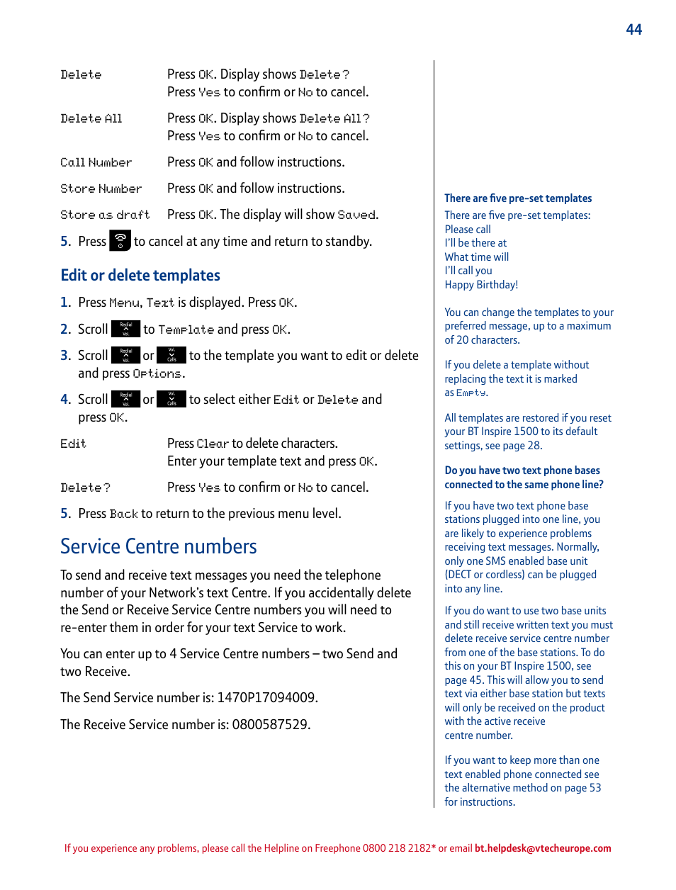 Service centre numbers, Edit or delete templates | BT INSPIRE 1500 User Manual | Page 44 / 60