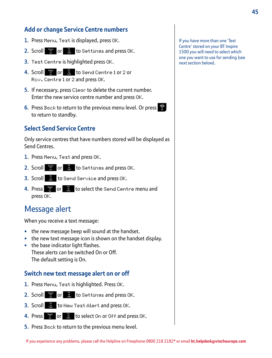 Message alert, Add or change service centre numbers, Select send service centre | Switch new text message alert on or off | BT INSPIRE 1500 User Manual | Page 45 / 60