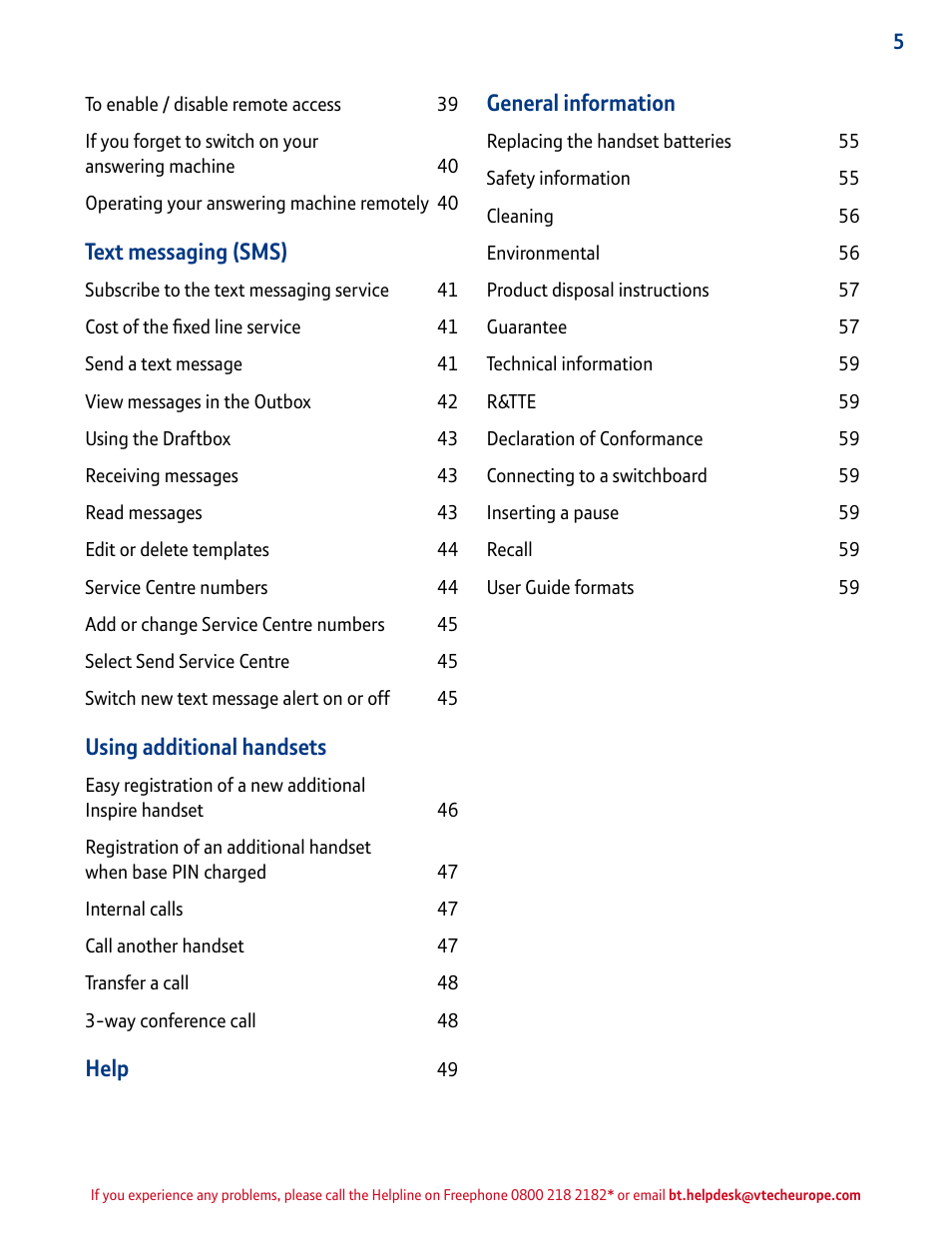 Text messaging (sms), Using additional handsets, Help | General information | BT INSPIRE 1500 User Manual | Page 5 / 60