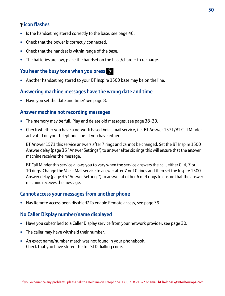 Icon flashes, You hear the busy tone when you press, Answer machine not recording messages | Cannot access your messages from another phone, No caller display number/name displayed | BT INSPIRE 1500 User Manual | Page 50 / 60