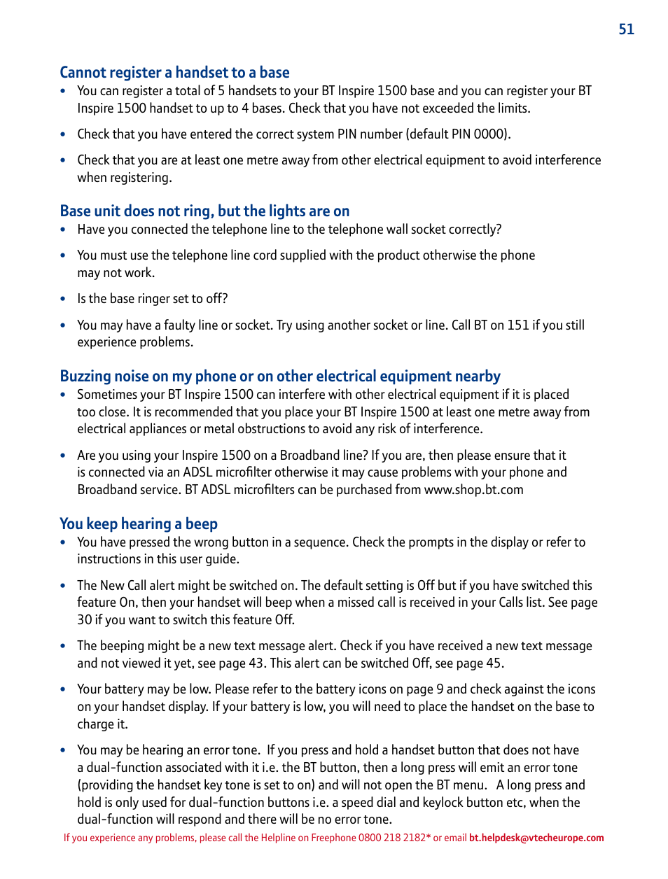 Cannot register a handset to a base, Base unit does not ring, but the lights are on, You keep hearing a beep | BT INSPIRE 1500 User Manual | Page 51 / 60