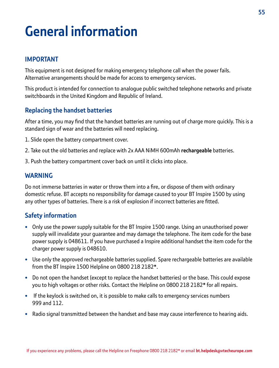 General information | BT INSPIRE 1500 User Manual | Page 55 / 60