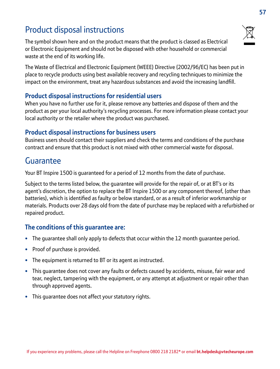 Product disposal instructions, Guarantee | BT INSPIRE 1500 User Manual | Page 57 / 60