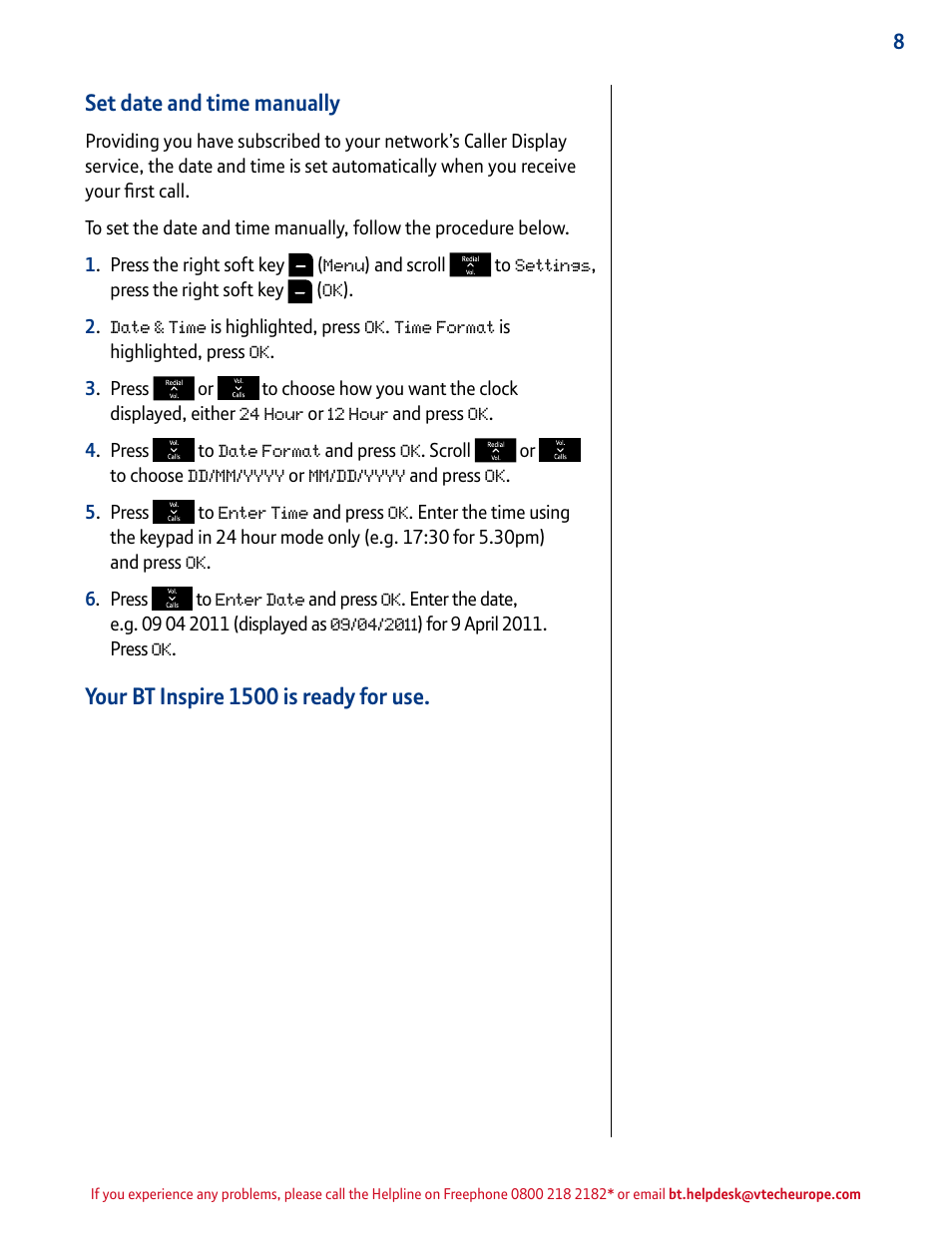 Set date and time manually, Your bt inspire 1500 is ready for use | BT INSPIRE 1500 User Manual | Page 8 / 60