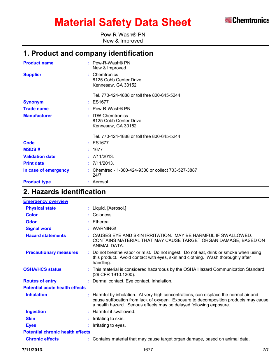 Chemtronics Pow-R-Wash PN ES1677 User Manual | 10 pages
