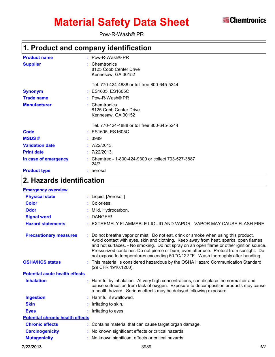 Chemtronics Pow-R-Wash PR ES1605 User Manual | 11 pages