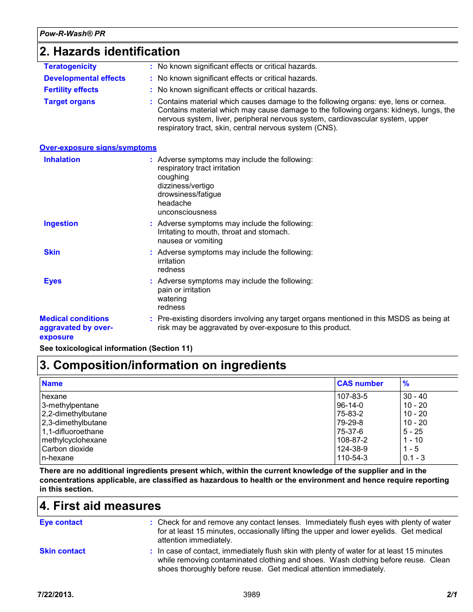 Hazards identification, Composition/information on ingredients, First aid measures | Chemtronics Pow-R-Wash PR ES1605 User Manual | Page 2 / 11