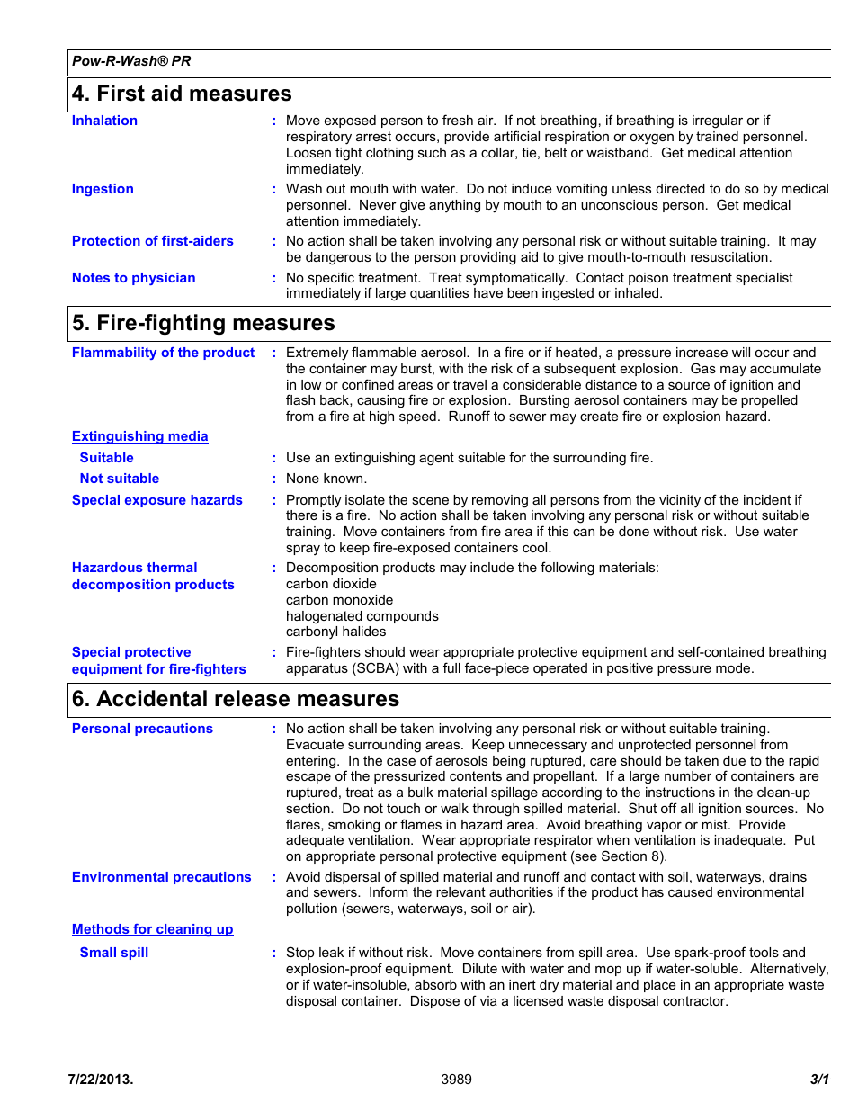 First aid measures, Fire-fighting measures, Accidental release measures | Chemtronics Pow-R-Wash PR ES1605 User Manual | Page 3 / 11