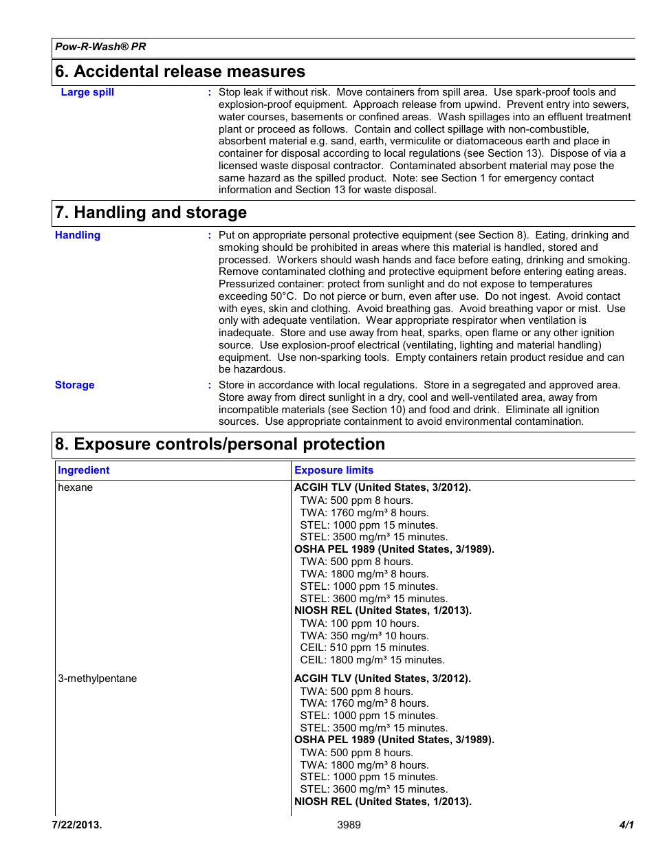 Accidental release measures, Handling and storage, Exposure controls/personal protection | Chemtronics Pow-R-Wash PR ES1605 User Manual | Page 4 / 11