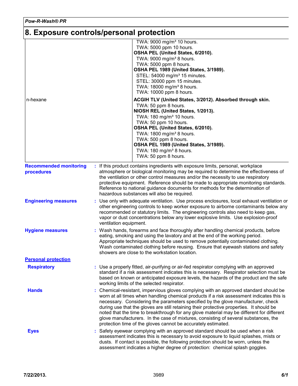 Exposure controls/personal protection | Chemtronics Pow-R-Wash PR ES1605 User Manual | Page 6 / 11