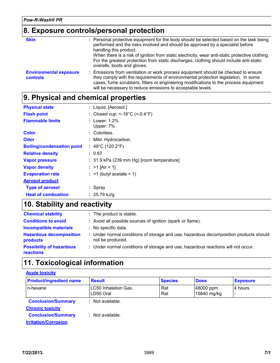 Exposure controls/personal protection, Physical and chemical properties, Stability and reactivity | Toxicological information | Chemtronics Pow-R-Wash PR ES1605 User Manual | Page 7 / 11
