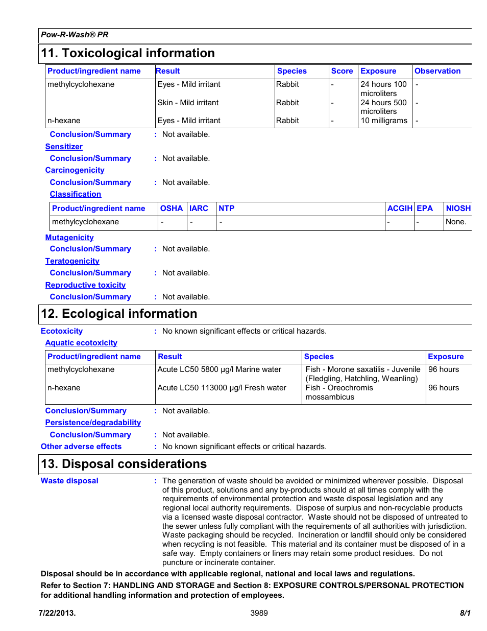 Toxicological information, Ecological information, Disposal considerations | Chemtronics Pow-R-Wash PR ES1605 User Manual | Page 8 / 11