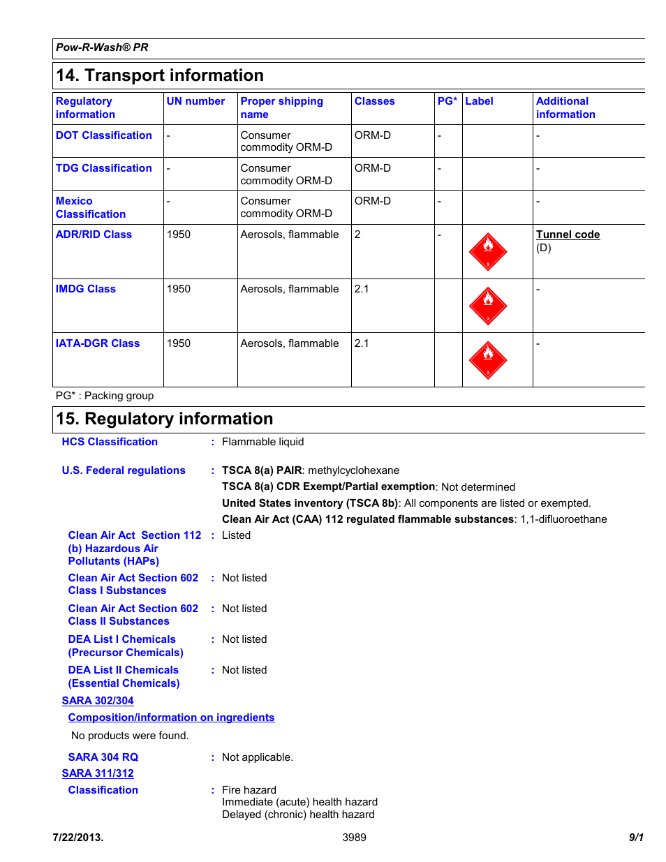 Transport information, Regulatory information | Chemtronics Pow-R-Wash PR ES1605 User Manual | Page 9 / 11