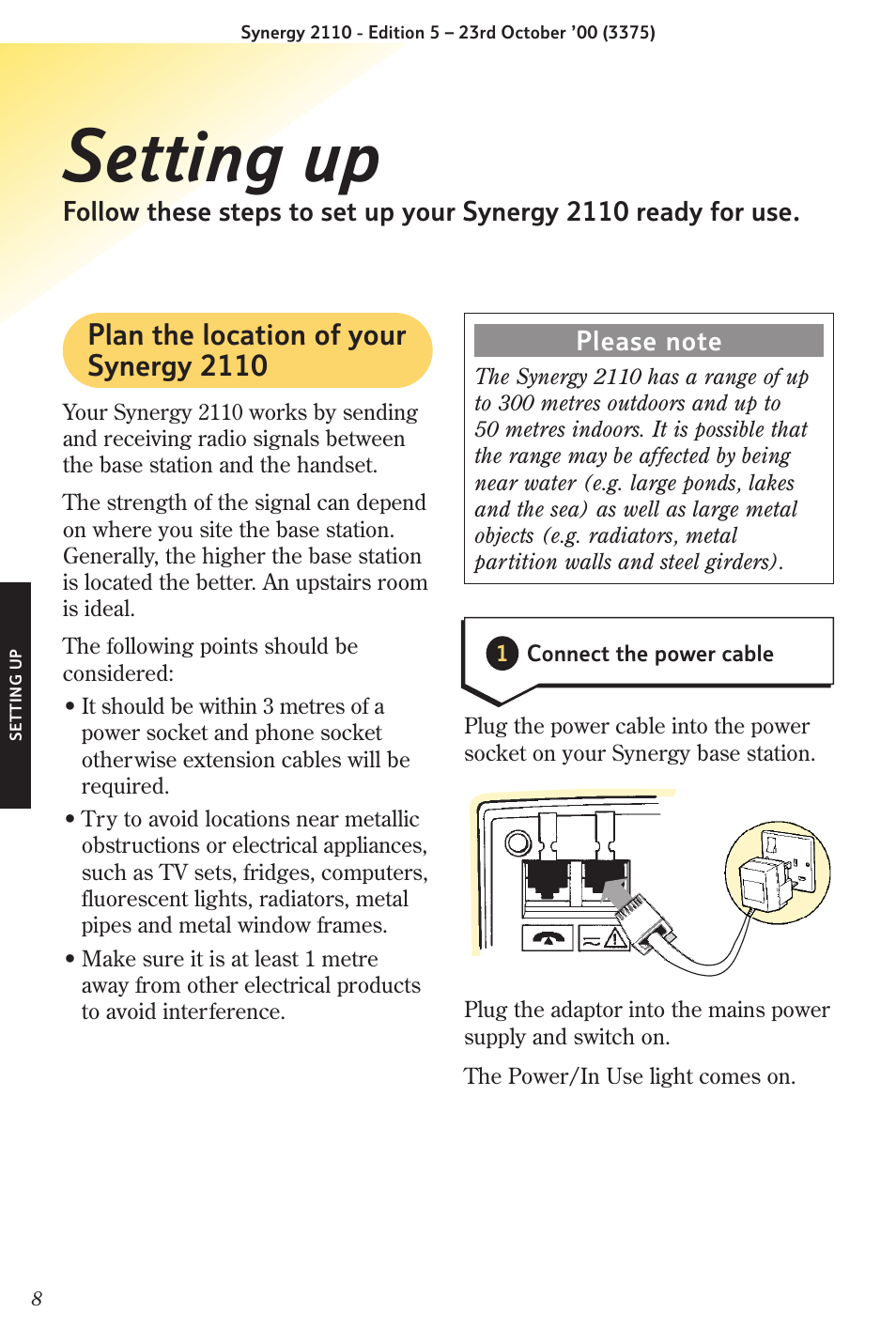 Setting up, Plan the location of your synergy 2110 | BT Synergy 2110 User Manual | Page 10 / 33