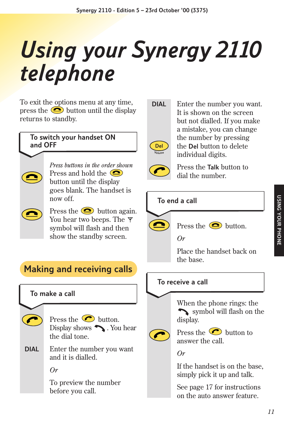 Using your synergy 2110 telephone, Making and receiving calls | BT Synergy 2110 User Manual | Page 13 / 33