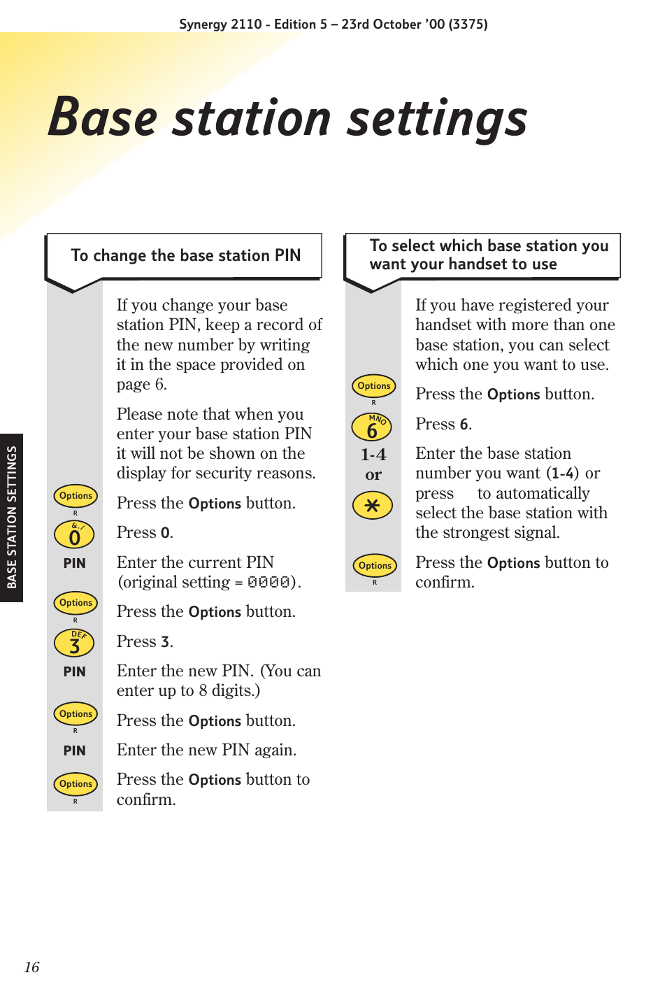 Base station settings | BT Synergy 2110 User Manual | Page 18 / 33