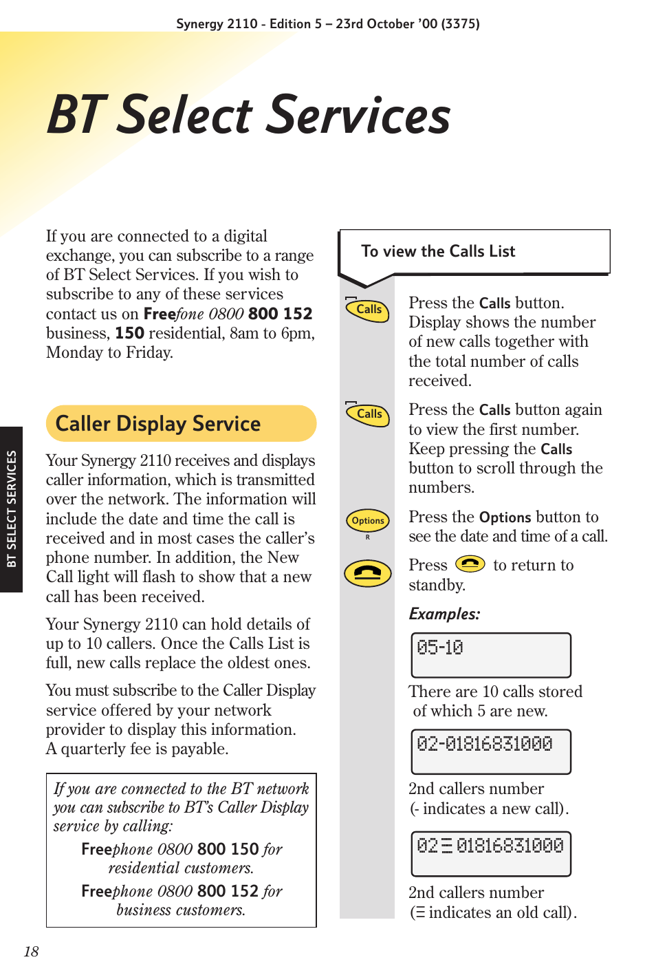 Bt select services, Caller display service | BT Synergy 2110 User Manual | Page 20 / 33