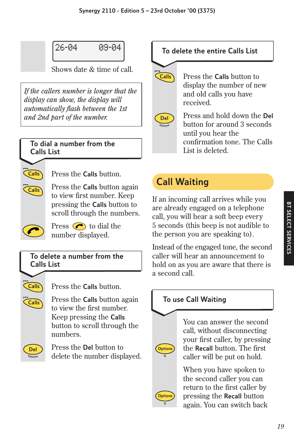 Call waiting | BT Synergy 2110 User Manual | Page 21 / 33