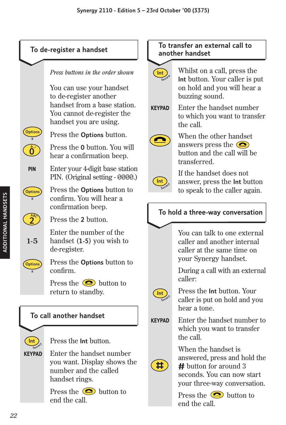 Press the, Button, Button. press the | Button. you will hear a confirmation beep, Button. enter the number of the handset, You wish to de-register. press the | BT Synergy 2110 User Manual | Page 24 / 33