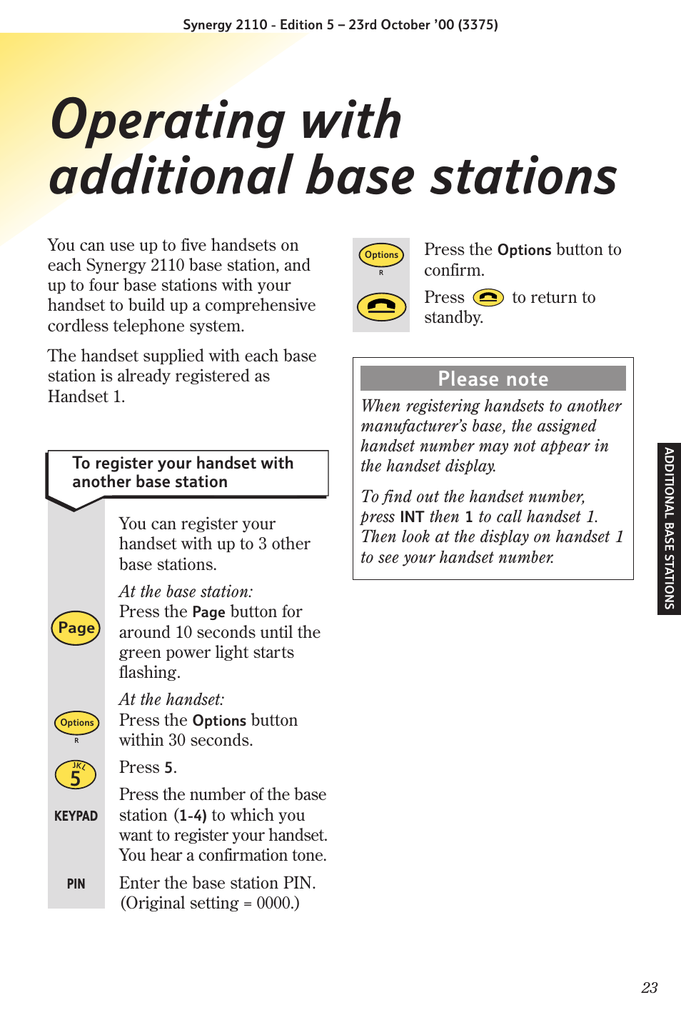 Operating with additional base stations | BT Synergy 2110 User Manual | Page 25 / 33