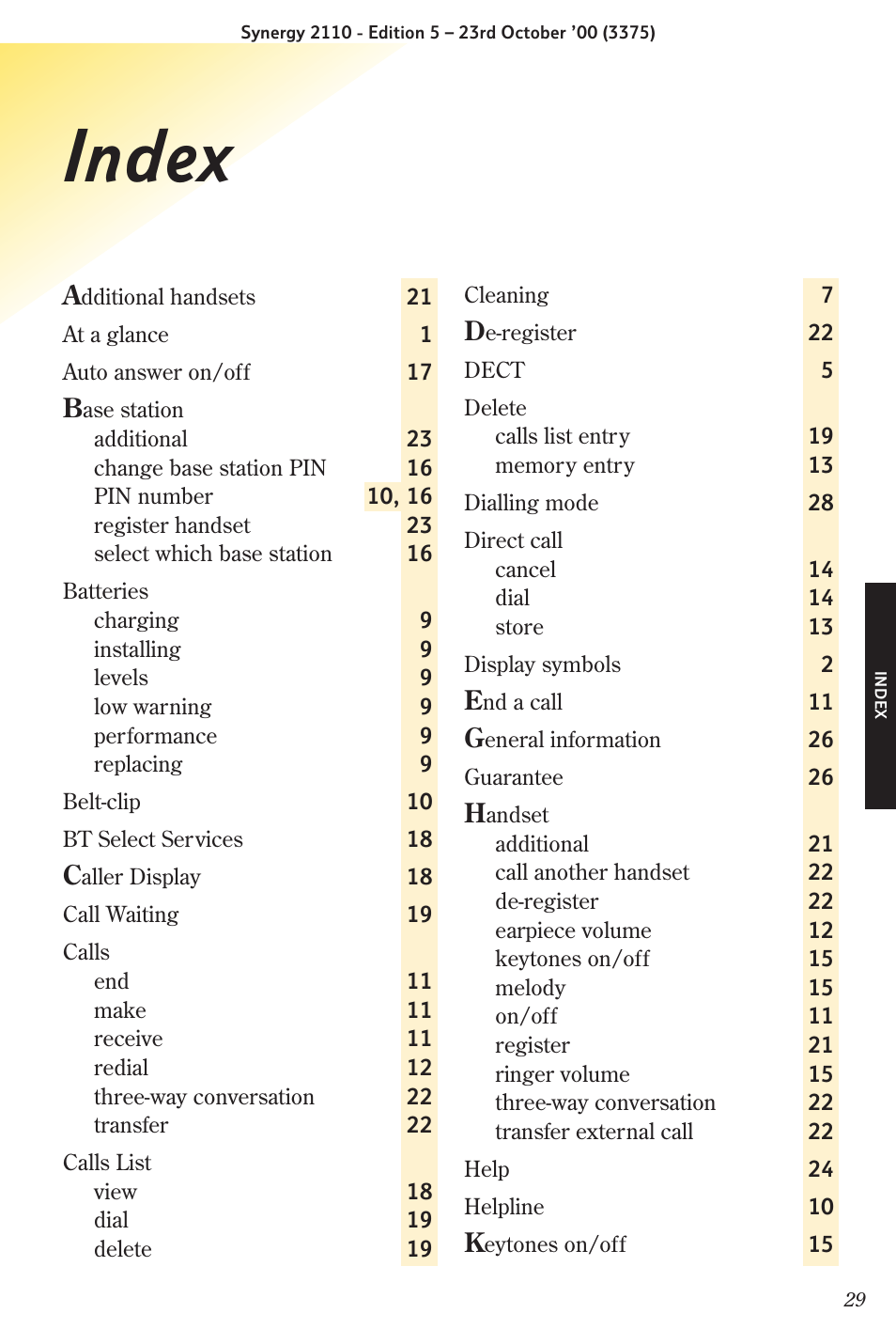 Index | BT Synergy 2110 User Manual | Page 31 / 33